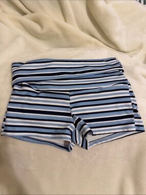 Striped Fold-Over Waist Bike Shorts - Light Blue/Navy/White